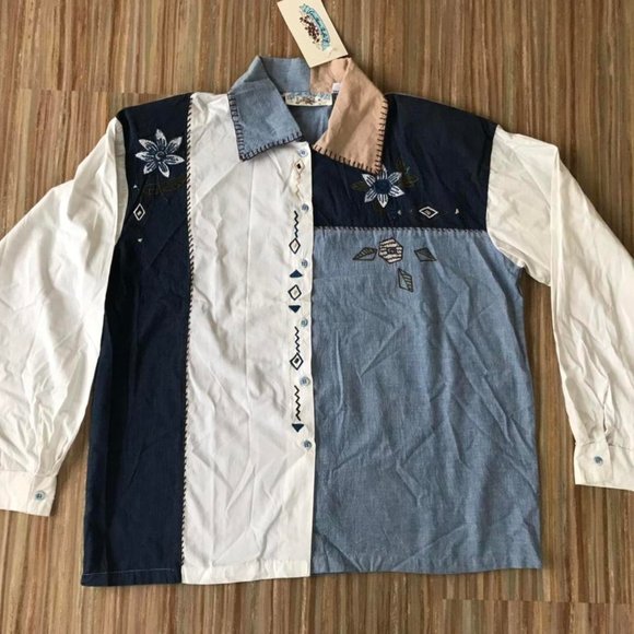 Caribbean Pacific Patchwork Embroidered Button-Up Oversized Shirt Vintage 90s - Picture 1 of 4